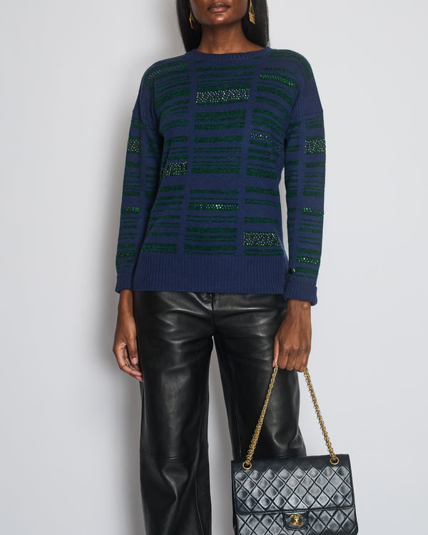 Chanel Navy Cashmere Long-Sleeve Jumper with Green Sequin Embellishments Size FR 36 (UK 8)