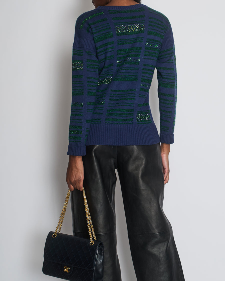 Chanel Navy Cashmere Long-Sleeve Jumper with Green Sequin Embellishments Size FR 36 (UK 8)