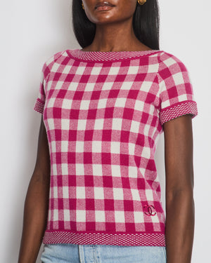 Chanel Pink and White Gingham Cashmere Short-Sleeve Top with CC Logo Size FR 38 (UK 10)