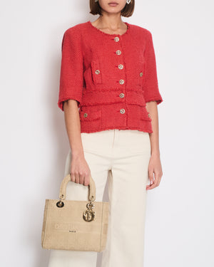 Chanel Coral Red Tweed Mid-Sleeve Jacket with Bird-Detailed Gold CC Logo Buttons Size FR 40 (UK 12)