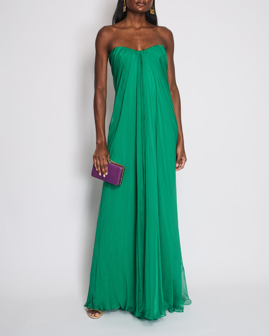 Alexander Mcqueen Green Silk Bandeau Pleated Maxi Dress Size IT 42 (UK 10)