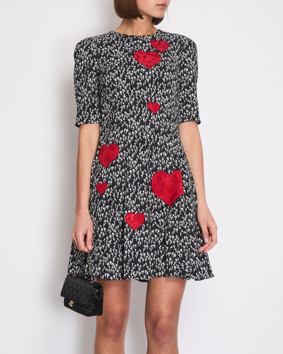 Dolce & Gabbana Black Rose Print Dress with Love Heart Embroidery Size IT 40 (UK 8)