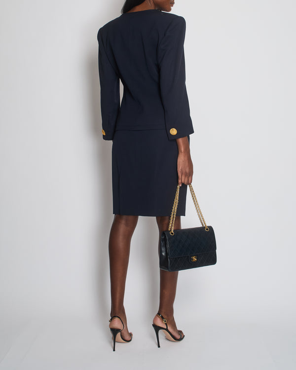 Givenchy Vintage Navy Jacket and Skirt Set with Gold Textured Buttons Size FR 38 (UK 10)