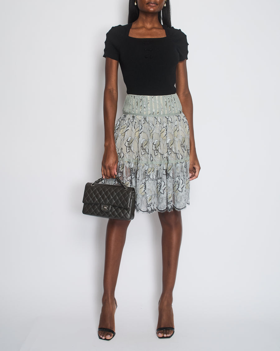 Chanel Grey Pleated Lace Midi Skirt with Flower Detail Size FR 38 (UK 10)