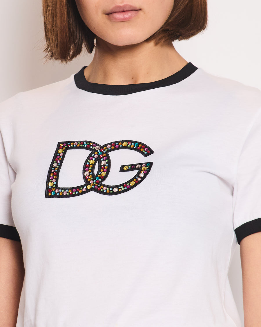 Dolce & Gabbana White Multi-Coloured Crystal DG Logo T-Shirt Size XS (UK 4-6)