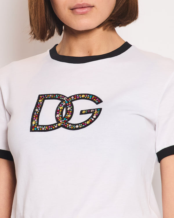 Dolce & Gabbana White Multi-Coloured Crystal DG Logo T-Shirt Size XS (UK 4-6)