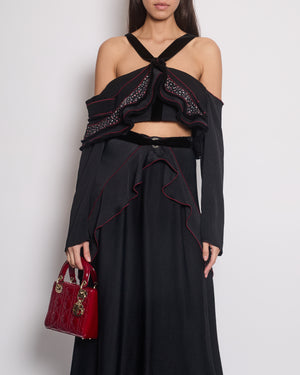 Proenza Schouler Black Tiered Crop Top and Midi Skirt Set with Red Trim and Flower Print Size US 4 (UK 8)