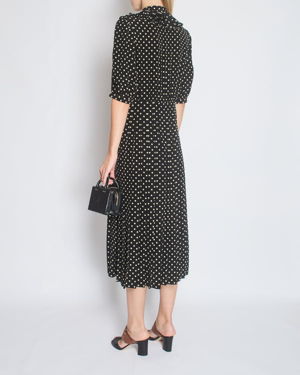 Celine Black and White Polka Dot Short Sleeve Silk Midi Dress with Gold Celine Crest Buttons, Pleated Skirt and Collar Detail Size FR 38 (UK 10)