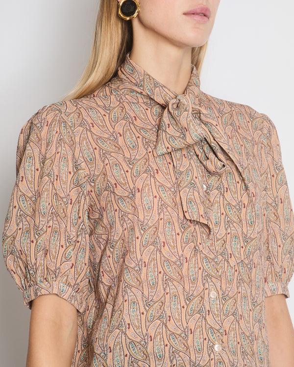 Celine Beige Paisley Print Blouse with Neck Tie Size FR 40 (UK 12)