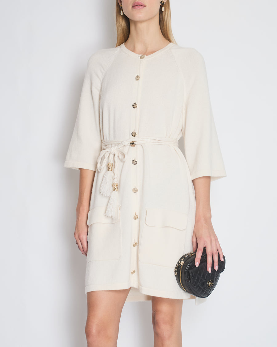 Chanel Cream Long Line Round Neck Cardigan with Belt and Pocket Detail Size FR 46 (UK 18)