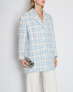 *HOT* Chanel 22P Pastel Blue Sequin Tweed Oversized Jacket with CC Buttons Detail Size FR 36 (UK 8)