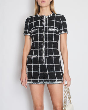 *HOT* Chanel Spring/Summer 2022 Black Tweed Checkered Playsuit with CC Button Detail Size FR 34 (UK 6)