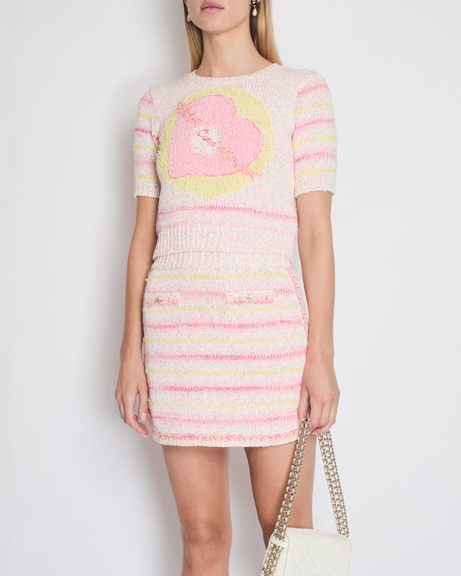 *RUNWAY* Chanel 24C Resort Pink & Yellow Multi-colour Jumper and Skirt Set with Cupid Heart "Coco" Detail Top Size FR 34 (UK 6) Skirt Size FR 36 (UK 8)