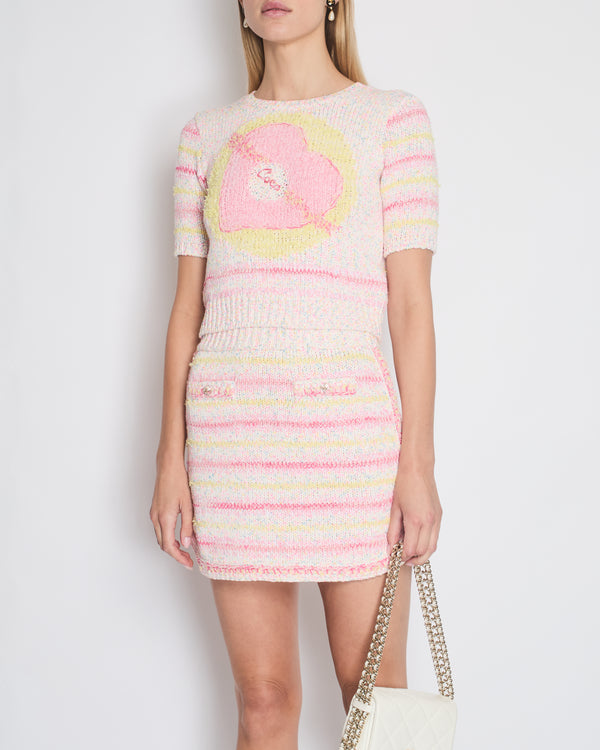 *RUNWAY* Chanel 24C Resort Pink & Yellow Multi-colour Jumper and Skirt Set with Cupid Heart "Coco" Detail Top Size FR 34 (UK 6) Skirt Size FR 36 (UK 8)