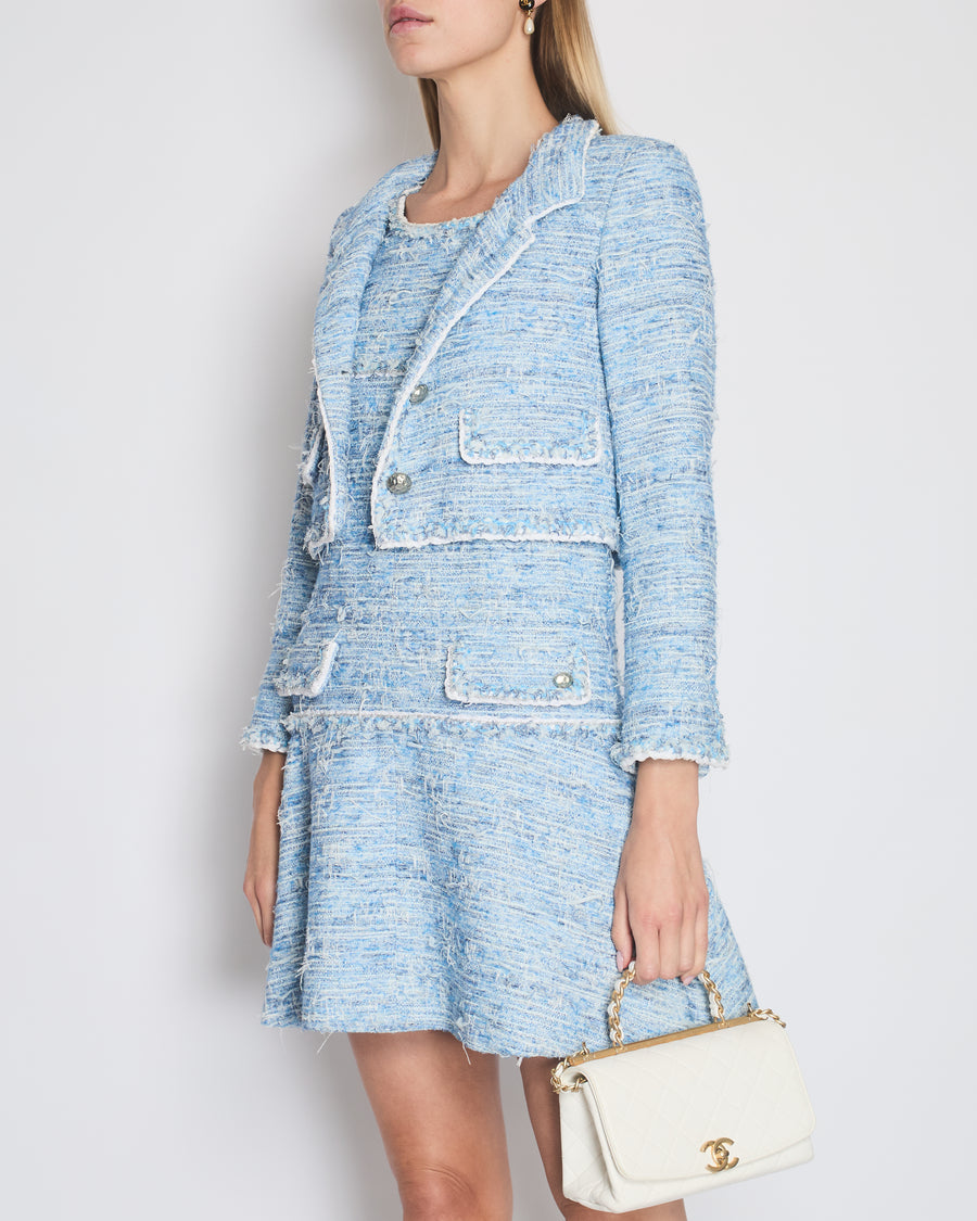 *HOT* Chanel 12K Blue Tweed Jacket and Tiered Sleeveless Dress with Pocket Detail Set Size FR 36 (UK 8)