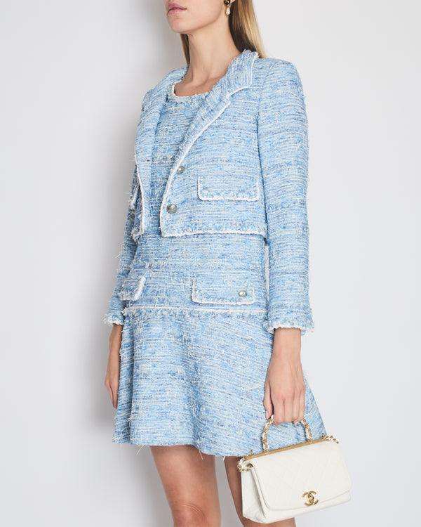 *HOT* Chanel 12K Blue Tweed Jacket and Tiered Sleeveless Dress with Pocket Detail Set Size FR 36 (UK 8)