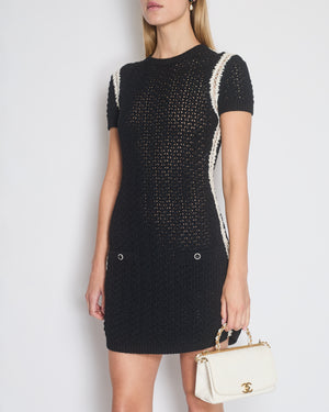 Chanel 21P Black Crochet Short Sleeve Dress with White Trim and Pocket Detail Size FR 36 (UK 8)