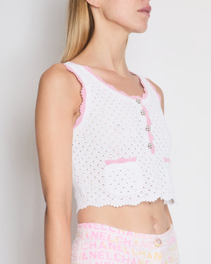 Chanel 24P White Crochet Vest with Pink Trim and Pocket Detail Size FR 36 (UK 8)