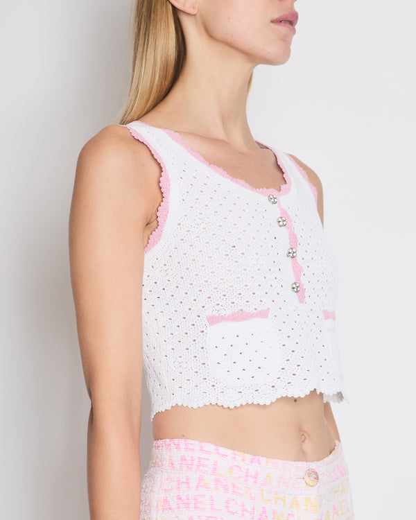 Chanel 24P White Crochet Vest with Pink Trim and Pocket Detail Size FR 36 (UK 8)