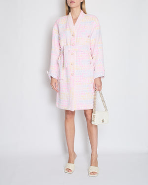 *SUPER HOT* Chanel Resort 2024 Pink & White Robe Coat with Belt & Multi-Coloured Chanel Logo Details Size FR 36 (UK 8)