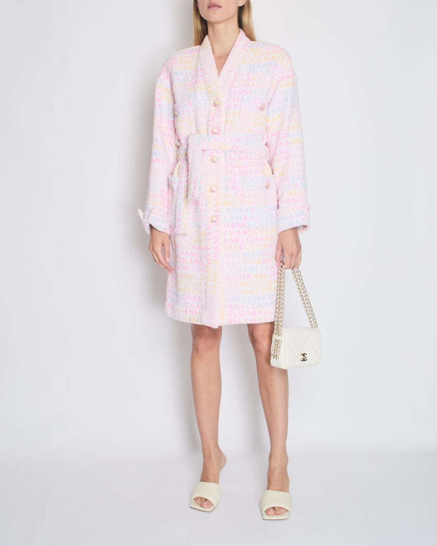 *SUPER HOT* Chanel Resort 2024 Pink & White Robe Coat with Belt & Multi-Coloured Chanel Logo Details Size FR 36 (UK 8)