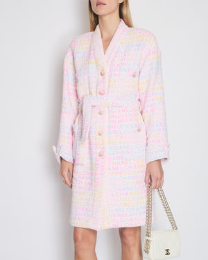 *SUPER HOT* Chanel Resort 2024 Pink & White Robe Coat with Belt & Multi-Coloured Chanel Logo Details Size FR 36 (UK 8)