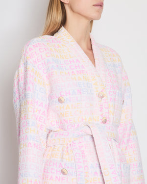 *SUPER HOT* Chanel Resort 2024 Pink & White Robe Coat with Belt & Multi-Coloured Chanel Logo Details Size FR 36 (UK 8)