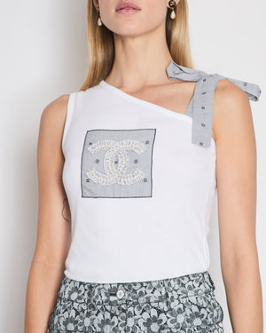 *HOT* Chanel 24P White Vest Top with Striped Shoulder Strap and Pearl CC Logo Detail Size FR 36 (UK 8)