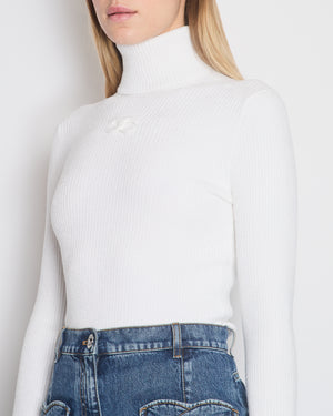 Chanel White Ribbed High Neck Long Sleeve Jumper with CC Detail Size FR 36 (UK 8)