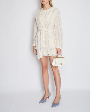 Chanel 24C Cream Long Line Belted Cardigan with Metallic & Multi-Colour Threads and Sequins Detail Size FR 36 (UK 8)