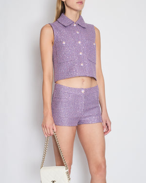 *RUNWAY* Chanel 24C Lilac Sequin Vest Jacket with Matching Tweed Shorts with CC Buttons Detail Size FR 36 (UK 8)