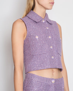 *RUNWAY* Chanel 24C Lilac Sequin Vest Jacket with Matching Tweed Shorts with CC Buttons Detail Size FR 36 (UK 8)