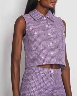 *RUNWAY* Chanel 24C Lilac Sequin Vest Jacket with Matching Tweed Shorts with CC Buttons Detail Size FR 36 (UK 8)