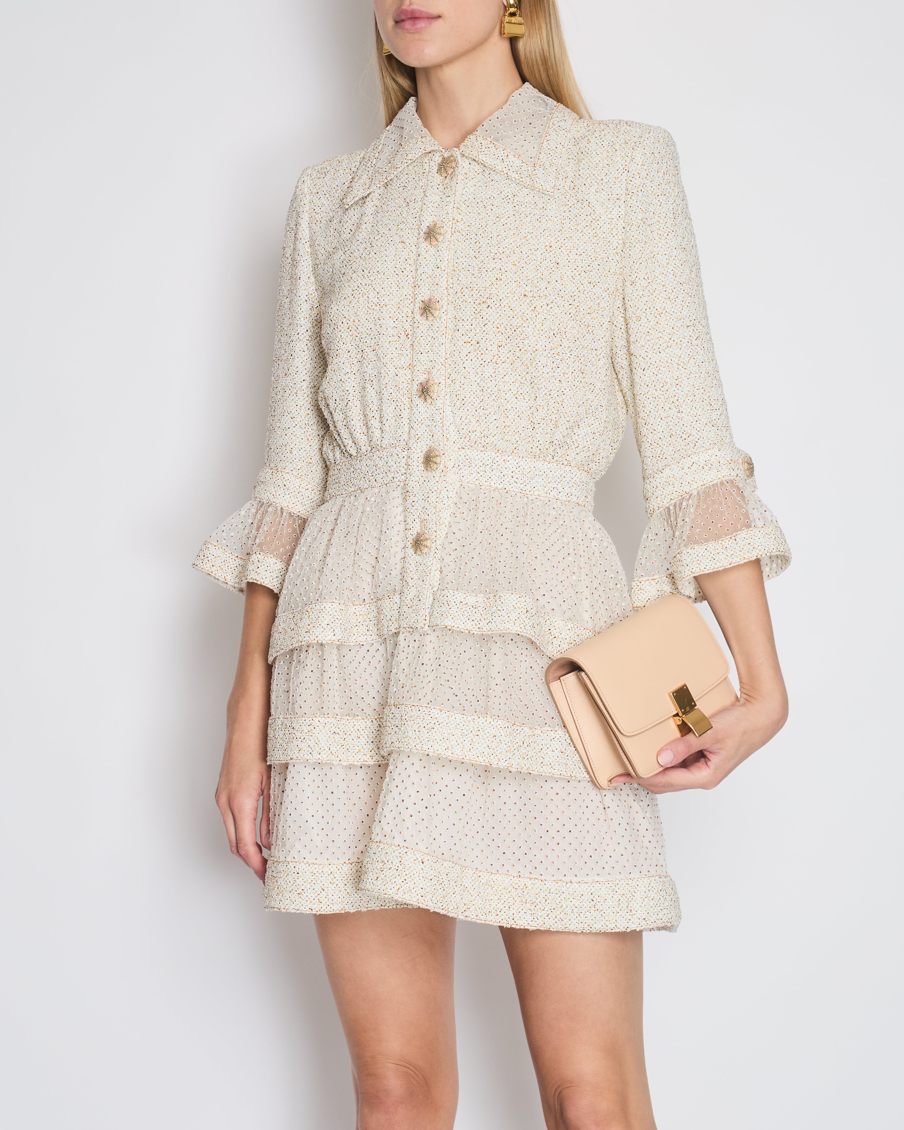 RUNWAY Chanel Spring Summer 2020 Beige Long Sleeve Dress with Mesh Polkadot CC Buttons Details Size FR 36 UK 8