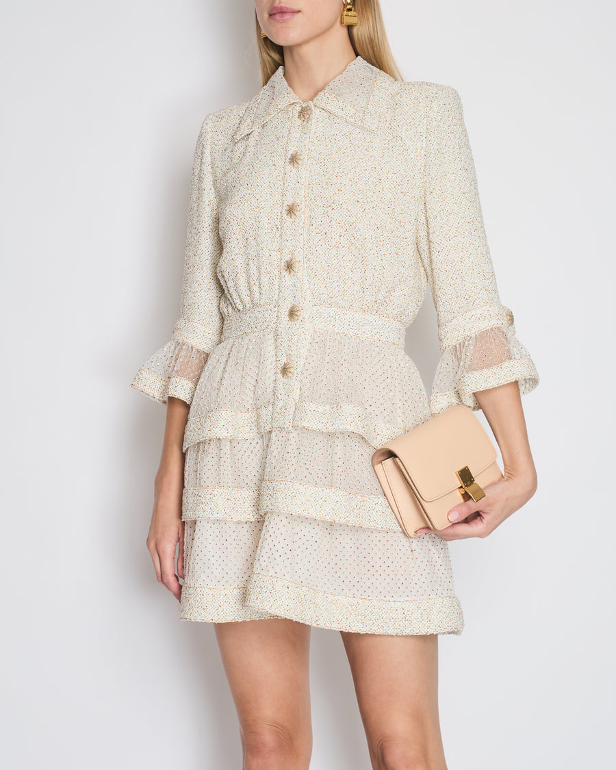 *RUNWAY* Chanel Spring/Summer 2020 Beige Long Sleeve Dress with Mesh Polkadot & CC Buttons Details Size FR 36 (UK 8)