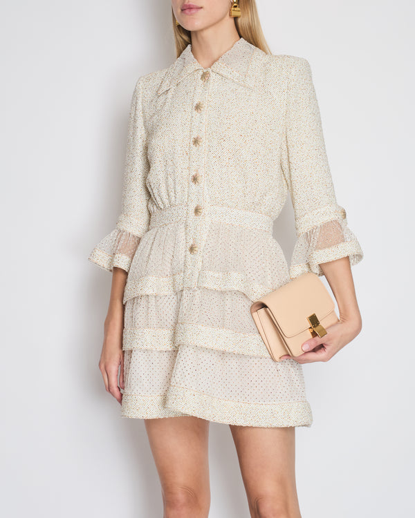 *RUNWAY* Chanel Spring/Summer 2020 Beige Long Sleeve Dress with Mesh Polkadot & CC Buttons Details Size FR 36 (UK 8)