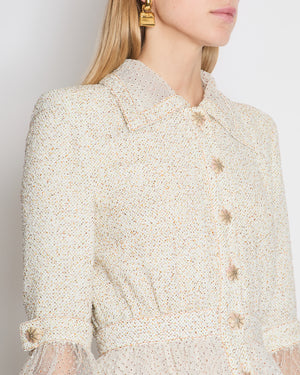 *RUNWAY* Chanel Spring/Summer 2020 Beige Long Sleeve Dress with Mesh Polkadot & CC Buttons Details Size FR 36 (UK 8)