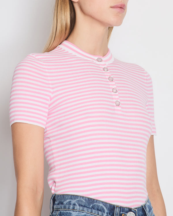 *RUNWAY* Chanel 24C Pink Striped Short Sleeve T-Shirt with Crystal CC Button Details Size FR 38 (UK 10)