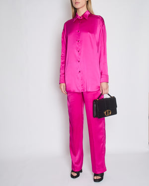 Tom Ford Fuschia Pink Oversized Silk-Blend Satin Blouse and Trouser Set with Velvet Elasticated Waistband Size IT 40 (UK 8)