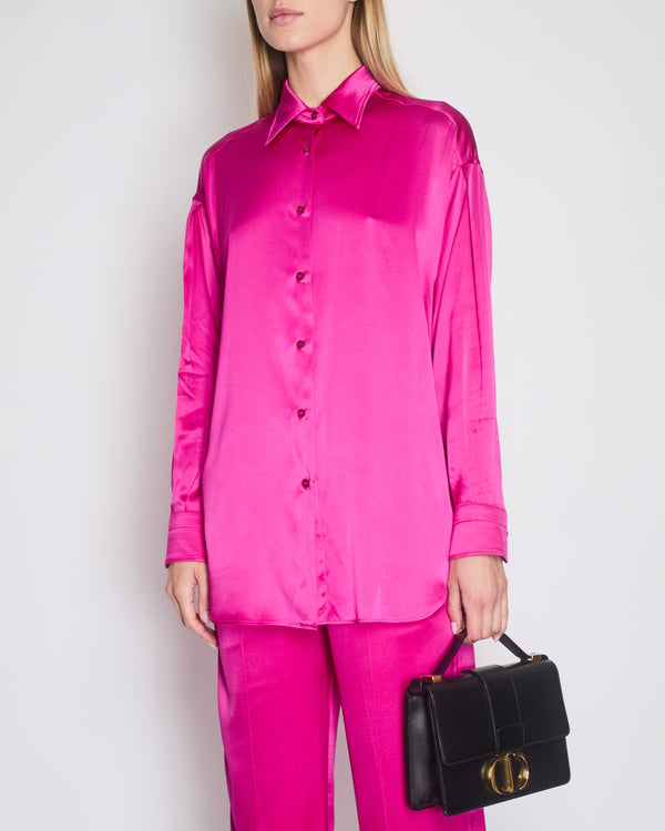 Tom Ford Fuschia Pink Oversized Silk-Blend Satin Blouse and Trouser Set with Velvet Elasticated Waistband Size IT 40 (UK 8)