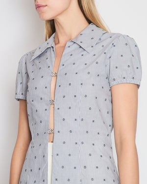 *HOT* Chanel Spring/Summer 2024 Grey & White 2 Piece Striped Shirts Set with Camelia Print Details and Crystal CC Hooks. Cropped Shirt Size FR 36 (UK 8) Long Shirt Size FR 38 (UK 10)