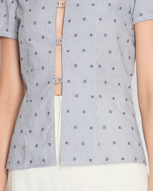 *HOT* Chanel Spring/Summer 2024 Grey & White 2 Piece Striped Shirts Set with Camelia Print Details and Crystal CC Hooks. Cropped Shirt Size FR 36 (UK 8) Long Shirt Size FR 38 (UK 10)