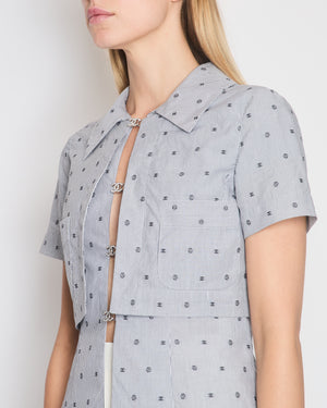 *HOT* Chanel Spring/Summer 2024 Grey & White 2 Piece Striped Shirts Set with Camelia Print Details and Crystal CC Hooks. Cropped Shirt Size FR 36 (UK 8) Long Shirt Size FR 38 (UK 10)