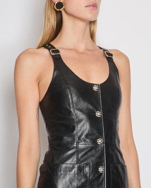 Chanel Black Leather Button Down Dress with Pocket and Embellished Buckle Detail Size FR 36 (UK 8)