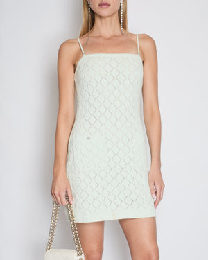 Chanel 23S Mint Green Sleeveless Quilted Knit Dress with Crystal CC Strap & Button Detail Size FR 38 (UK 10)