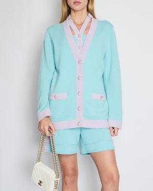 Chanel 24C Turquoise Blue Button Down Cashmere Cardigan with Lilac Trim Detail Size FR 40 (UK 12)