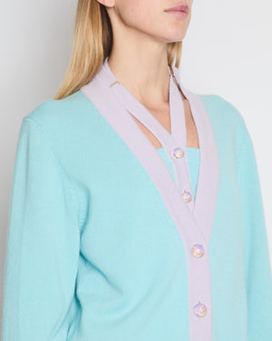 Chanel 24C Turquoise Blue Button Down Cashmere Cardigan with Lilac Trim Detail Size FR 40 (UK 12)