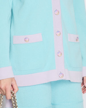 Chanel 24C Turquoise Blue Button Down Cashmere Cardigan with Lilac Trim Detail Size FR 40 (UK 12)