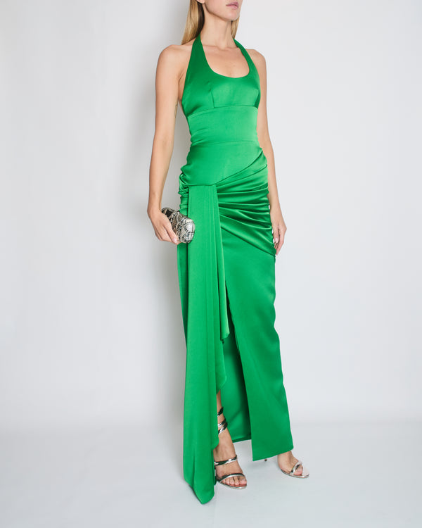 Rasario Green Sleeveless Pleated Gown with Side Split and Trail Detail Size FR 36 (UK 8)