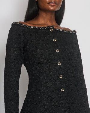 Chanel Black Off-Shoulder Embroidered Camellia Button Jacket Size FR 40 (UK 12)